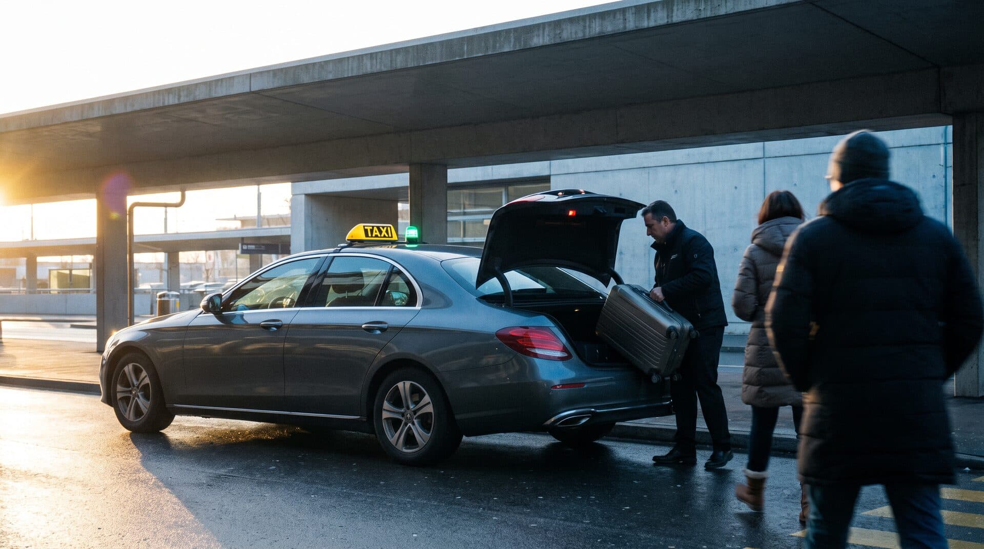 Un chauffeur de taxi charge une valise dans le coffre d'une berline PCAB devant le terminal de l'aéroport de Genève au lever du jour