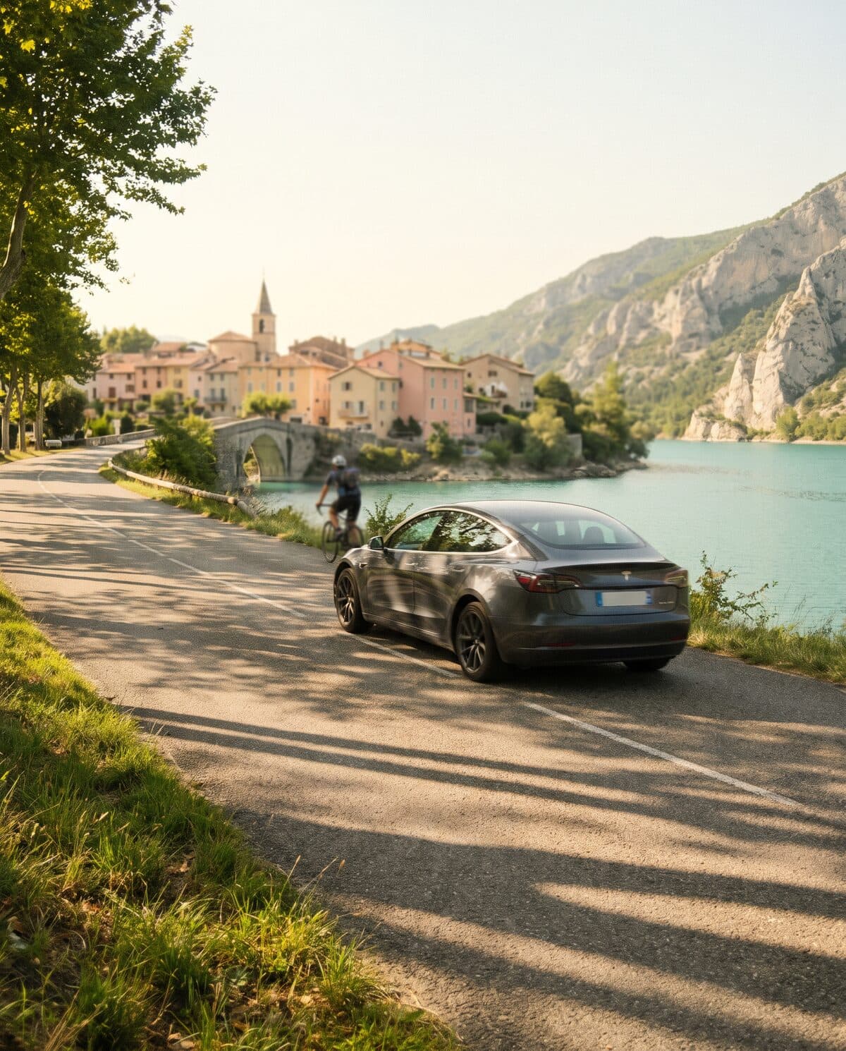 Une berline sur la route du lac à l'approche d'Annecy, vieille ville et montagnes en arrière-plan
