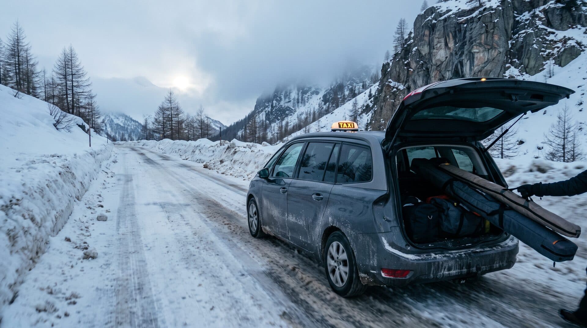 Un monospace taxi sur une route alpine enneigée, coffre ouvert avec des housses à skis, montagnes dans la brume